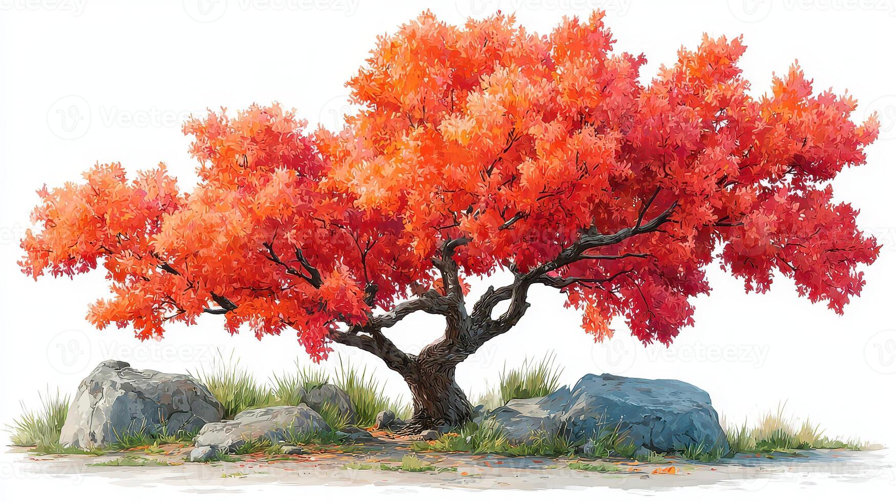 Vibrant orange tree stands amidst rocks in a serene natural setting with autumn foliage photo