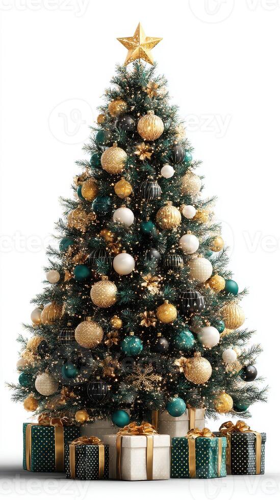 Elegantly decorated Christmas tree adorned with gold and teal ornaments surrounded by festive gift boxes photo