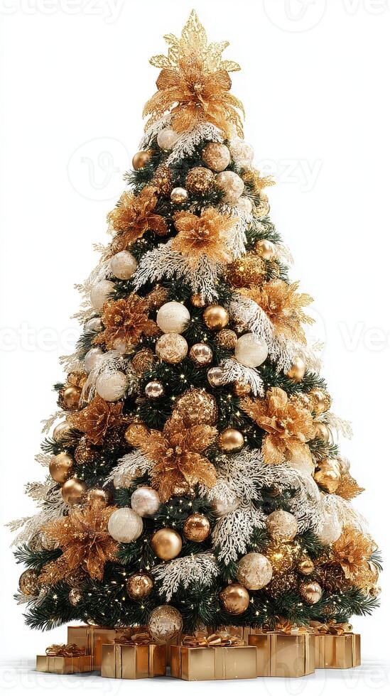 Elegant Christmas tree adorned with gold and white decorations, located indoors, surrounded by wrapped gifts during the festive season photo