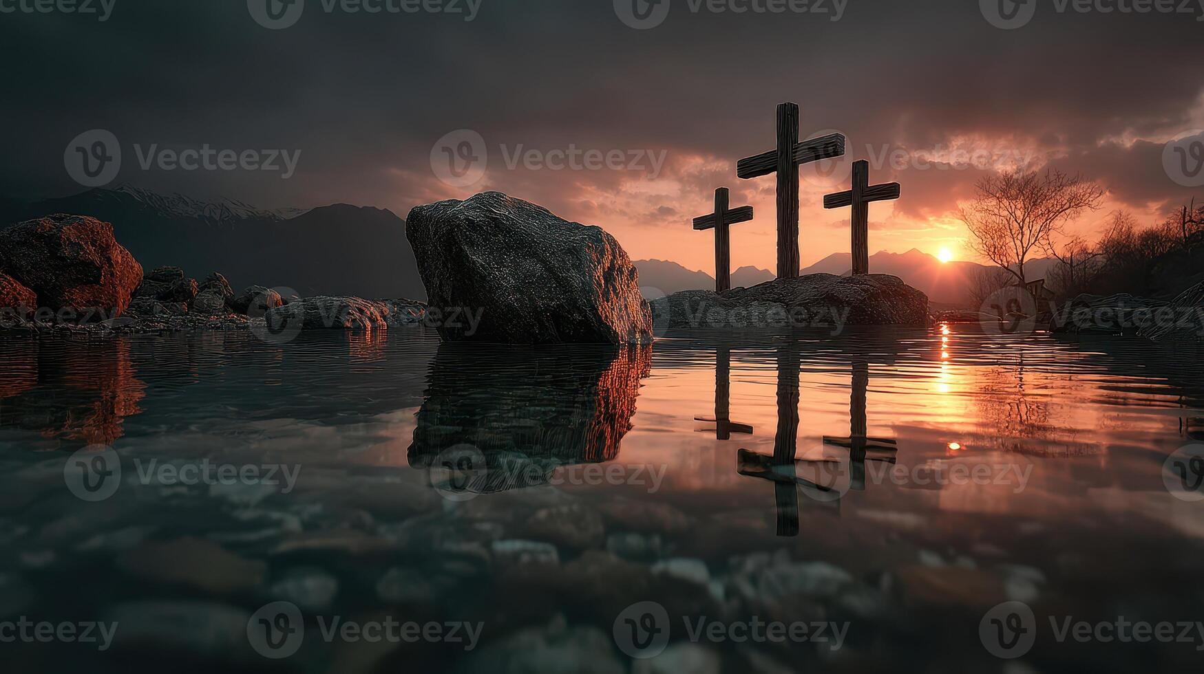 Three wooden crosses reflected in calm water at sunset near mountains under a dramatic sky photo