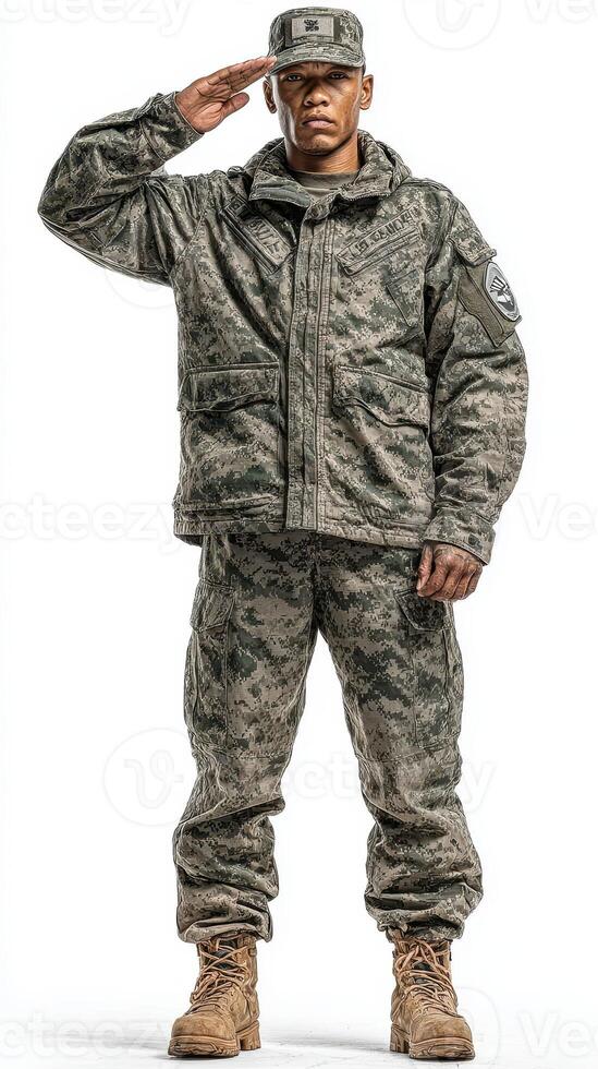 Military personnel saluting in winter uniform during morning training session at a military base photo
