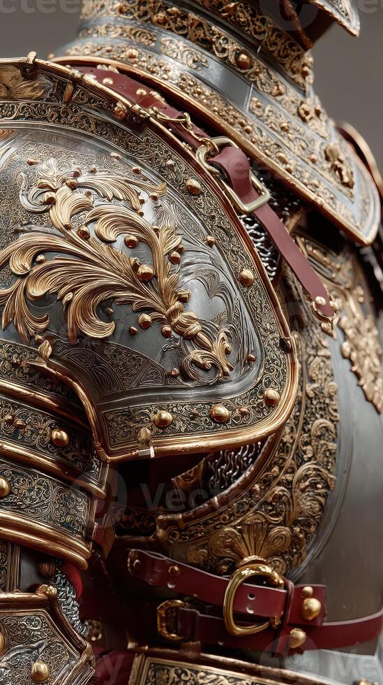 Intricate details of a finely crafted suit of armor showcasing ornate designs and craftsmanship from a historical period photo