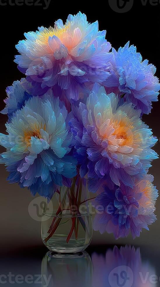 Beautiful blue and orange flowers in a clear vase creating a striking display on a dark background photo