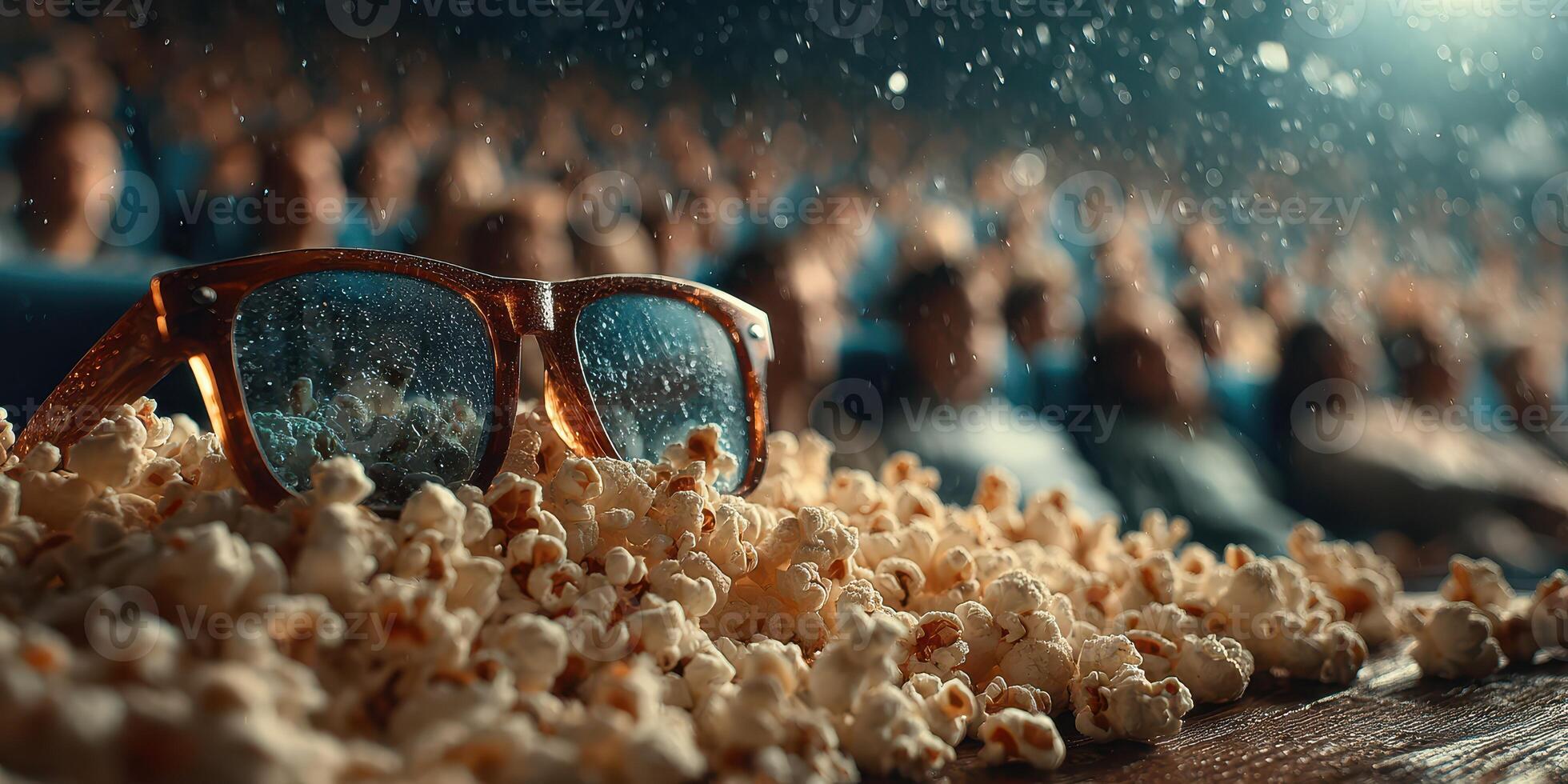 Enjoying a movie experience with popcorn and glasses in a crowded theater during a rainy evening photo