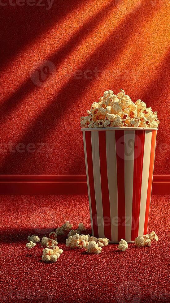 Freshly popped popcorn in striped bucket against a warm orange backdrop in a cozy movie setting photo