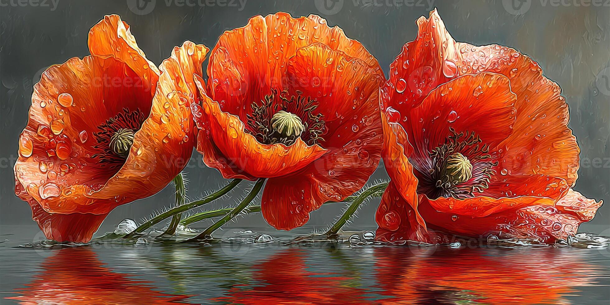 Vibrant red poppies with water droplets reflected on a calm surface in a serene setting photo