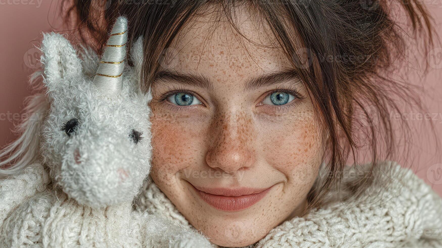 Young girl smiles with a fluffy unicorn toy against a pink background during a cozy indoor moment photo