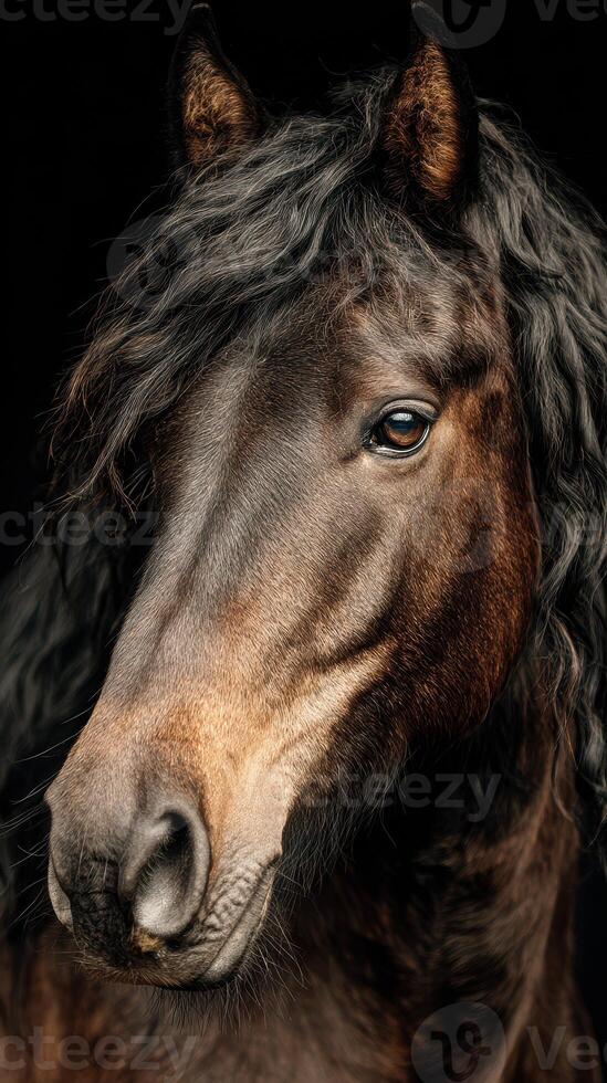 Majestic dark horse with a flowing mane stands confidently against a dark background, showcasing its beauty and strength photo