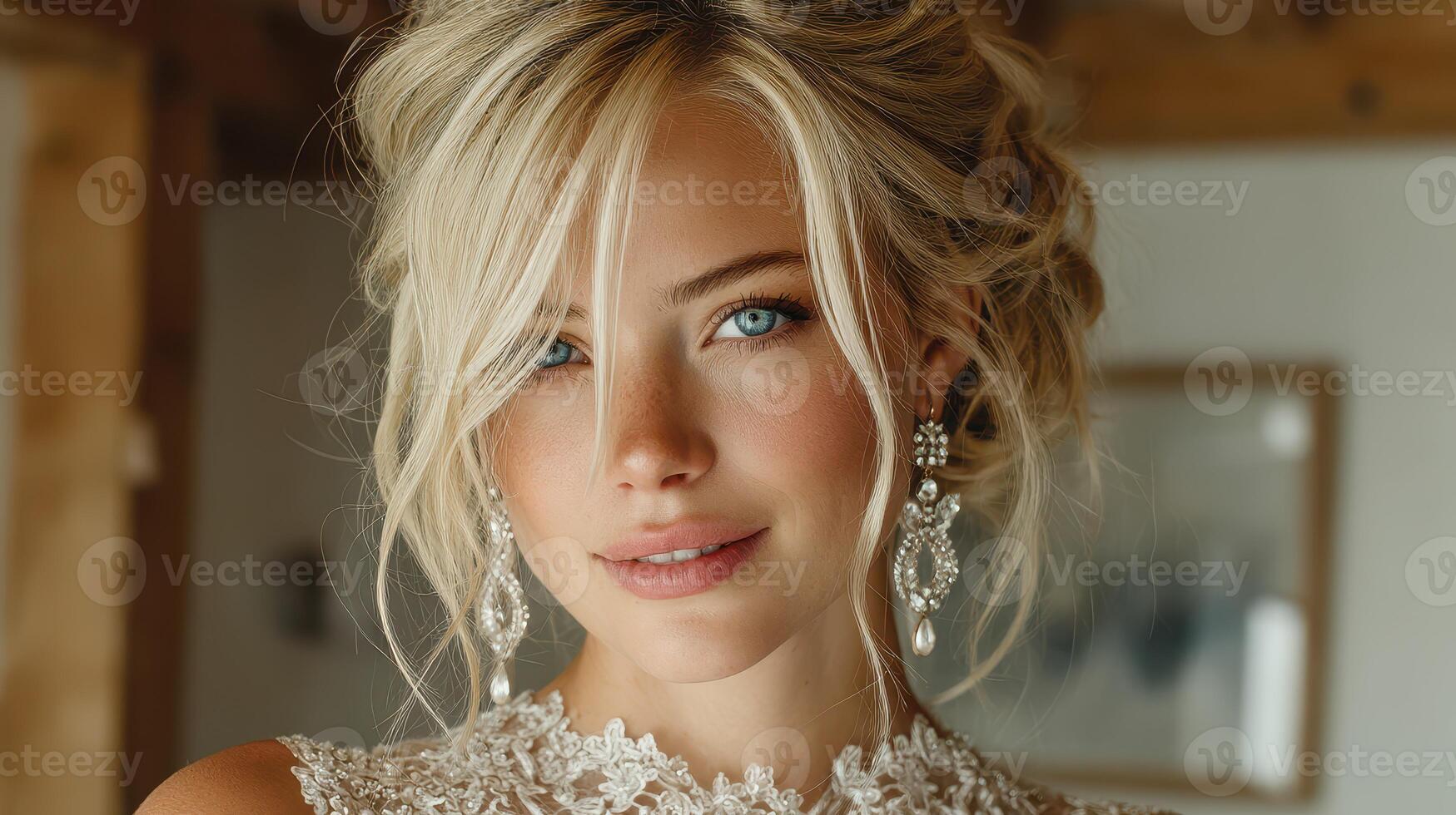 Elegant bride with radiant smile posing indoors before wedding ceremony in a rustic setting photo