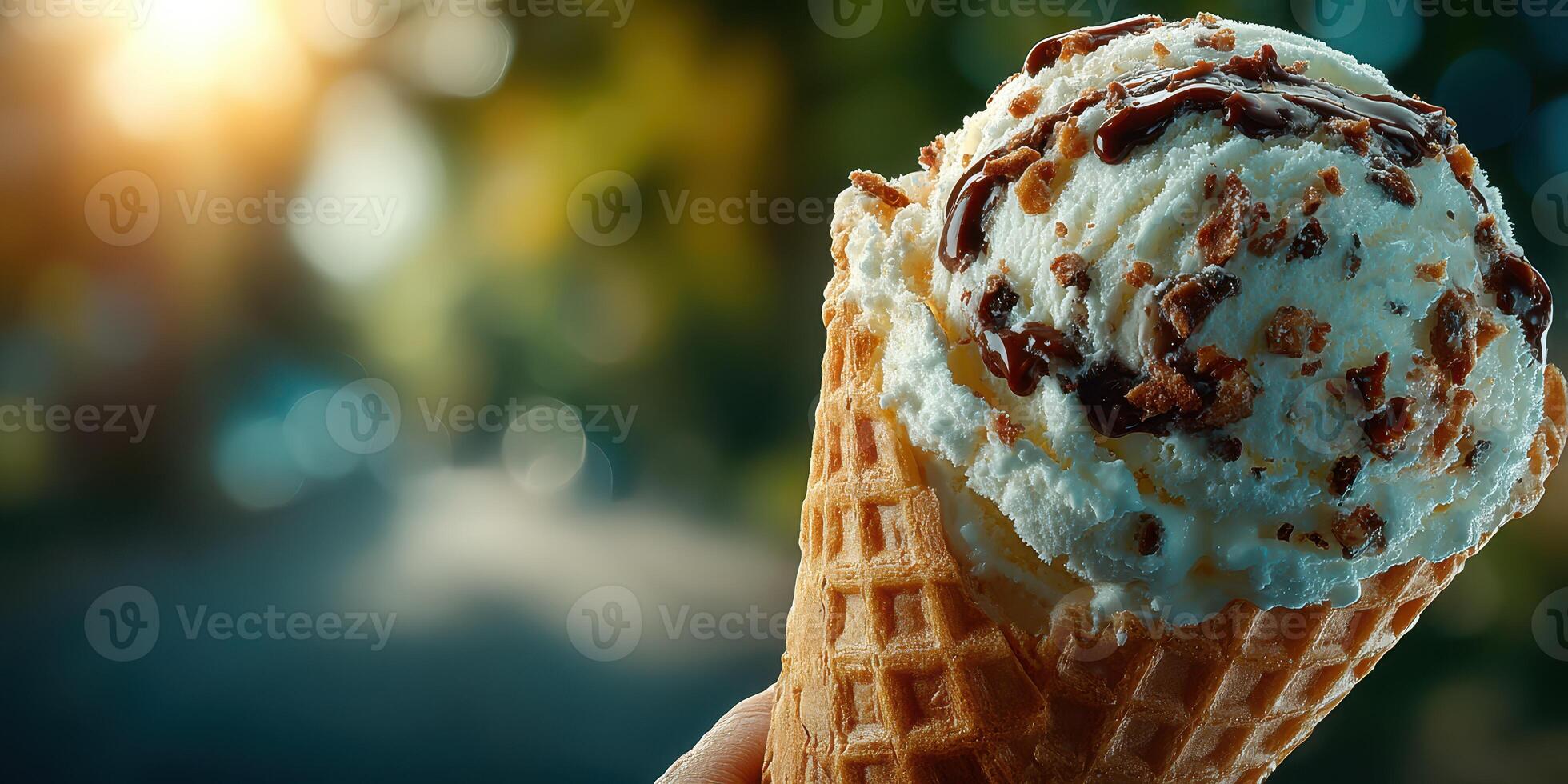 Enjoying a delicious ice cream cone on a sunny day at the park during afternoon hours photo