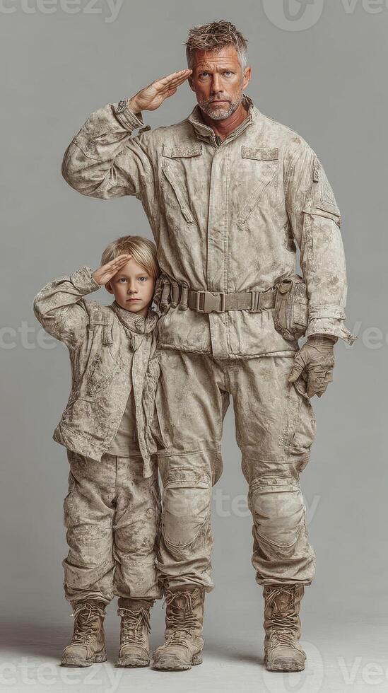 Soldier and child performing a salute in military uniforms during a solemn moment of respect and honor at a military event photo
