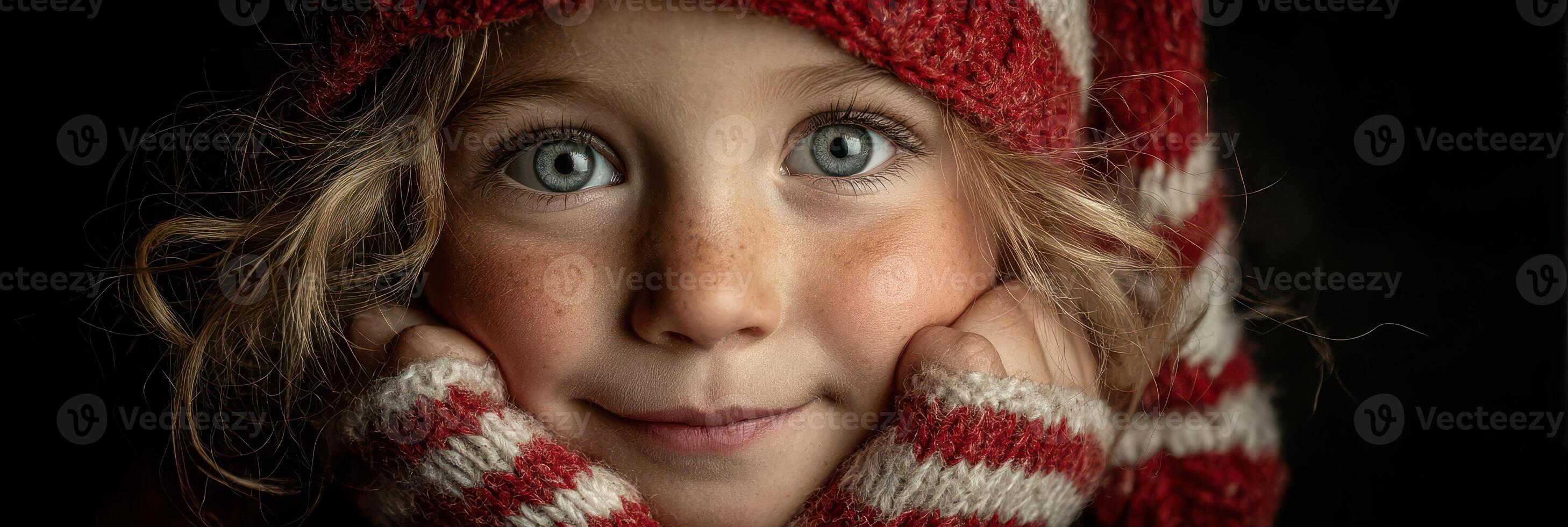 Smiling child with bright eyes wearing a red and white knitted hat and gloves during winter season indoors photo