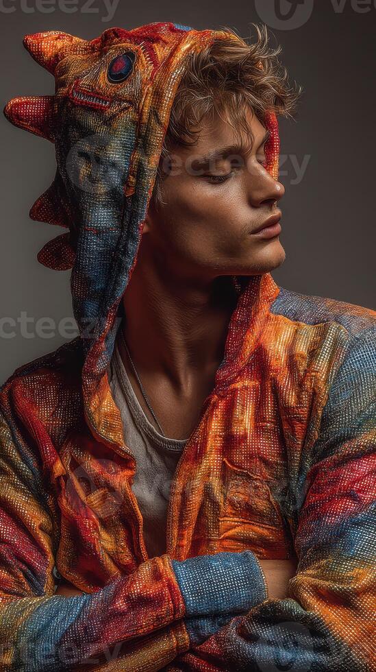 Young man poses confidently in colorful, textured hoodie against a neutral background during a studio session photo