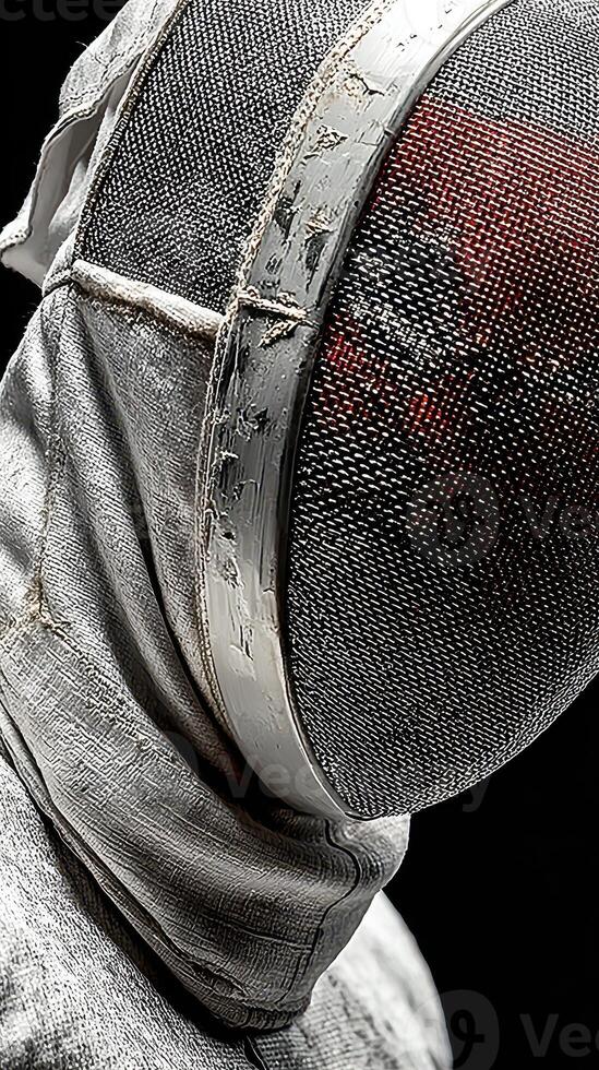 Fencer preparing for match, focused and determined in training attire in a dimly lit environment photo