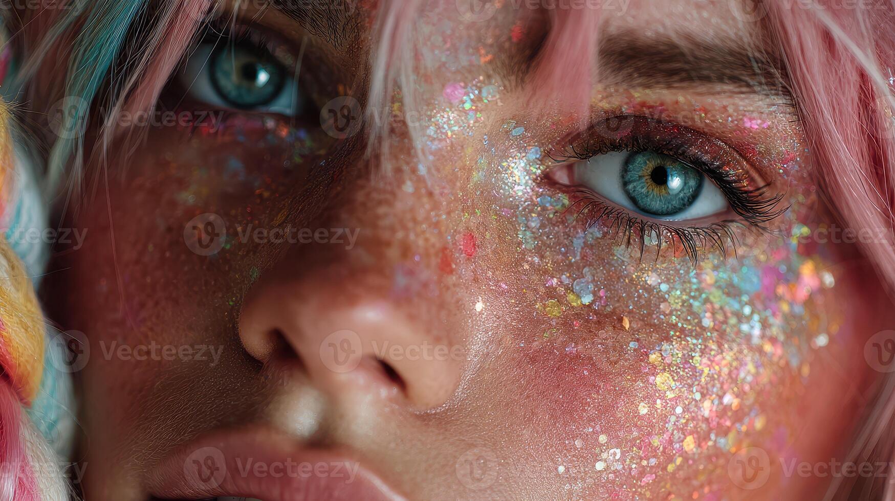 Close-up of a person with colorful glitter on their face and vibrant hair during a creative photoshoot outdoors photo