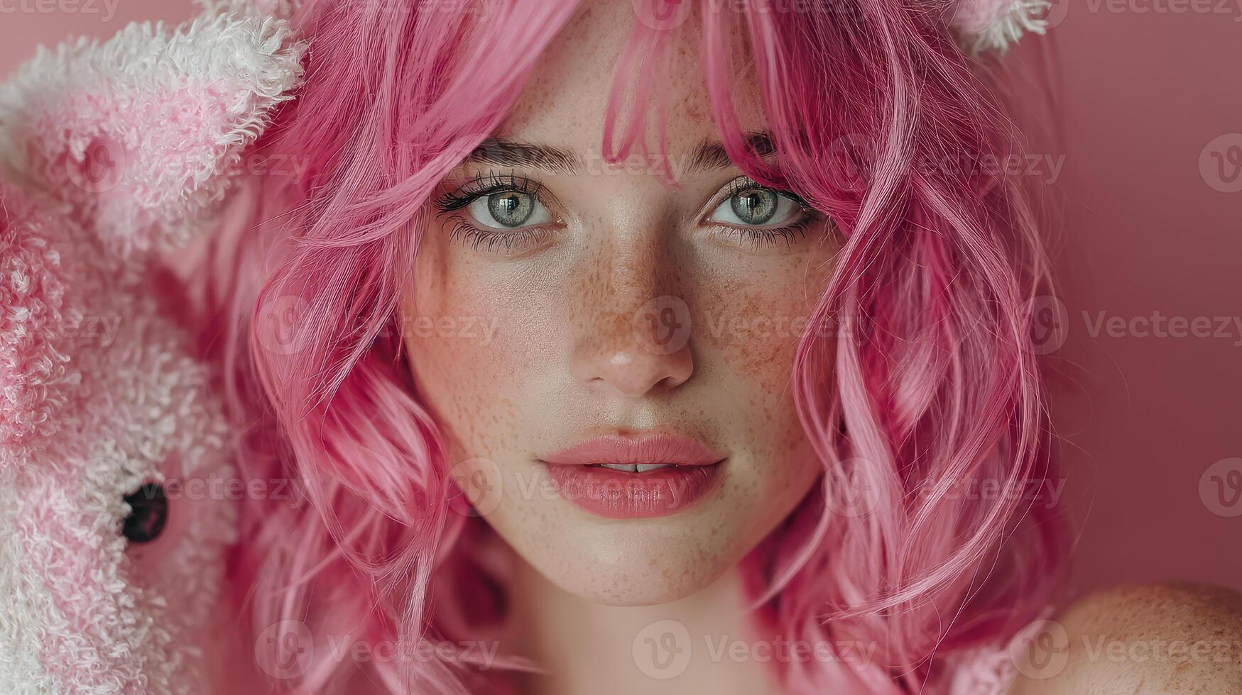 Young woman with pink hair poses with a soft toy against a pastel pink background at a serene moment in a cozy room photo
