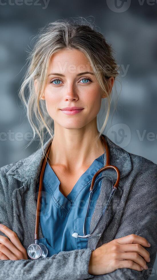 Medical professional with a stethoscope shows confidence in a clinical setting during the day photo