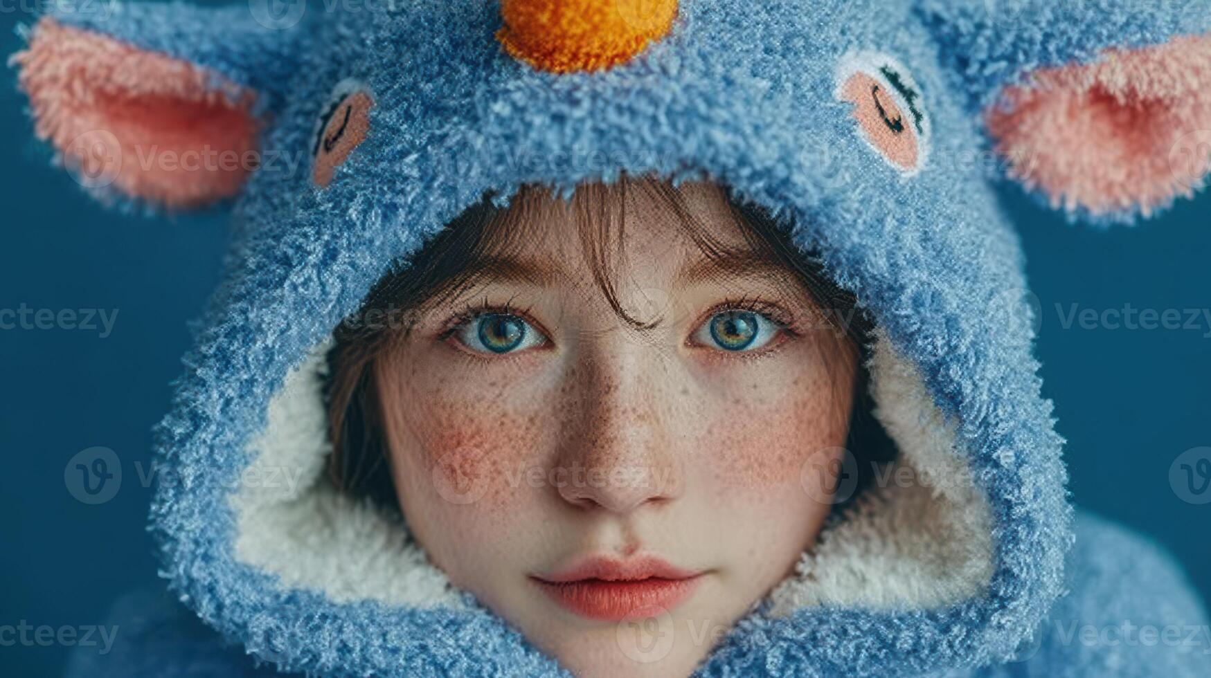 Young girl in cozy hoodie with animal features poses against blue background, capturing playful and whimsical mood during winter season photo