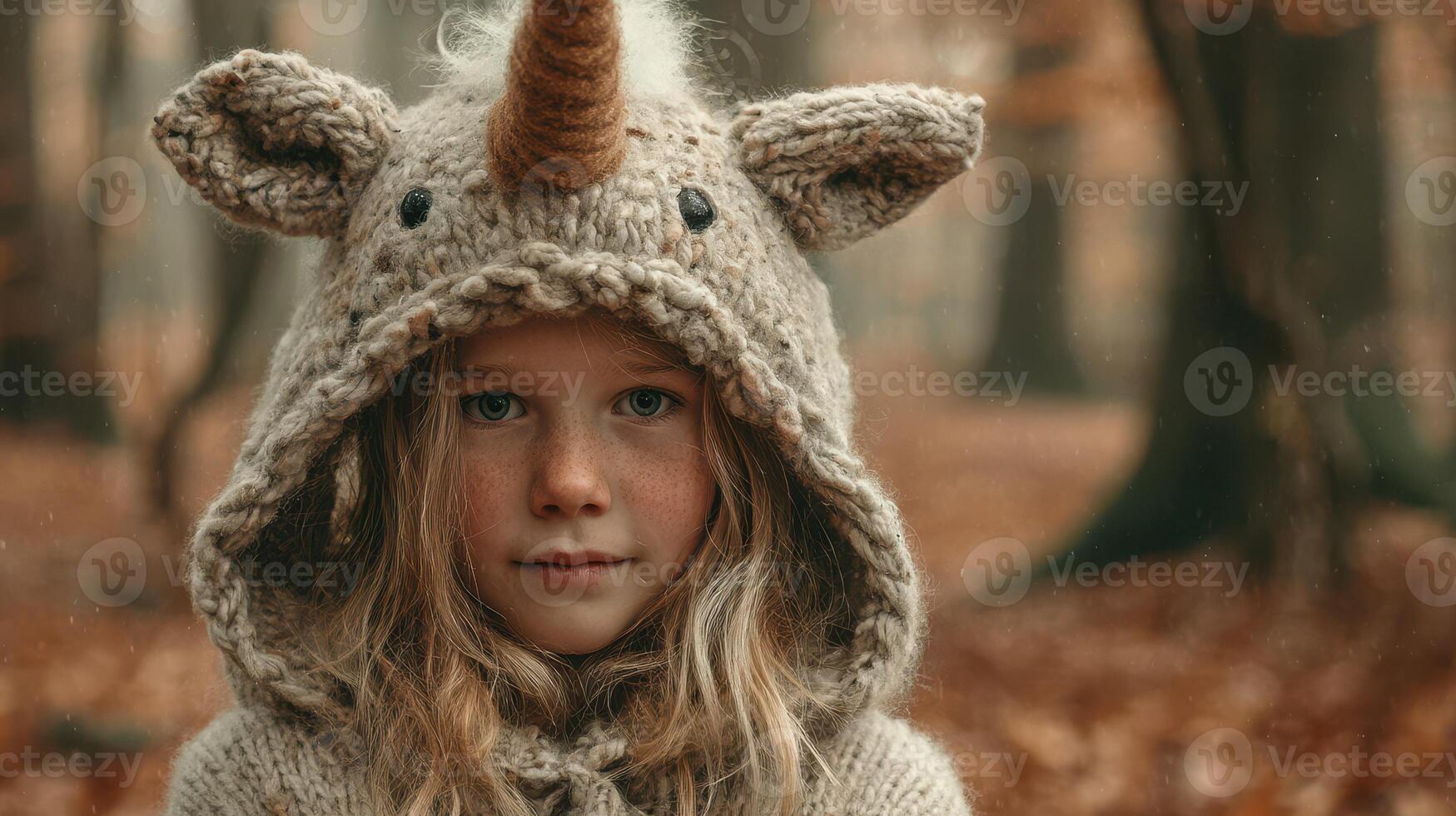 Young girl wearing a unicorn hat stands in a foggy forest surrounded by autumn leaves photo