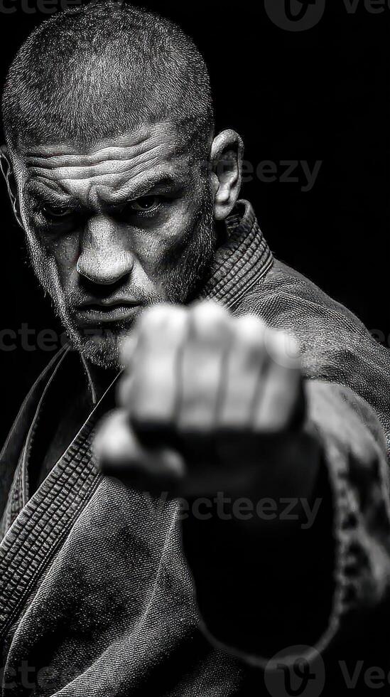 Skilled martial artist displays intense focus and determination during practice session in training facility photo