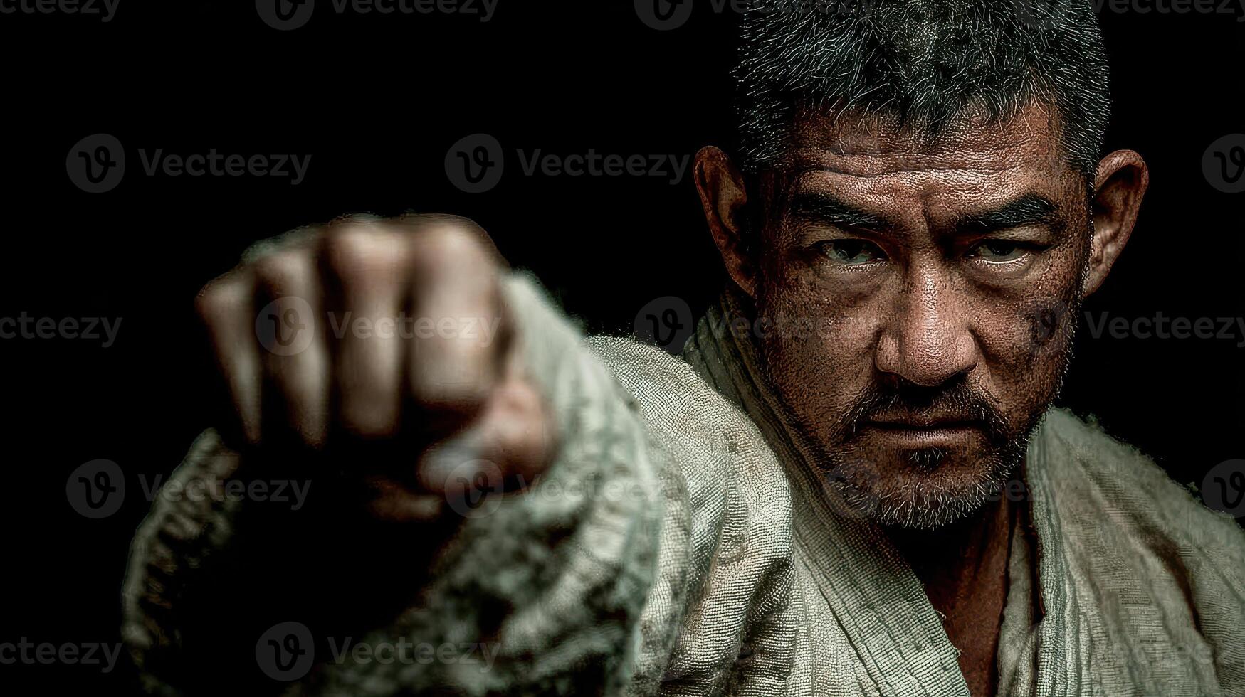 Martial artist practicing a powerful punch during an intense training session in a dimly lit dojo photo
