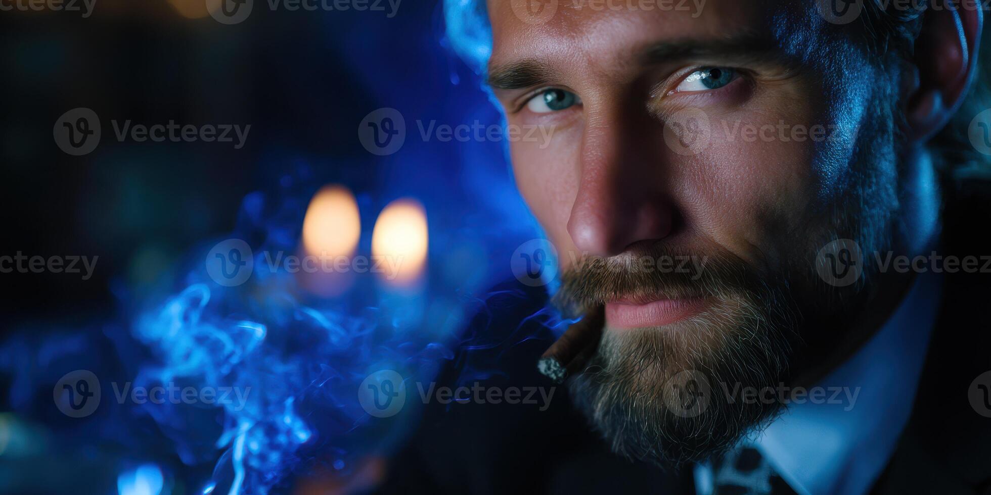 Smartly dressed man enjoys cigar in a dimly lit lounge with blue lighting at night photo