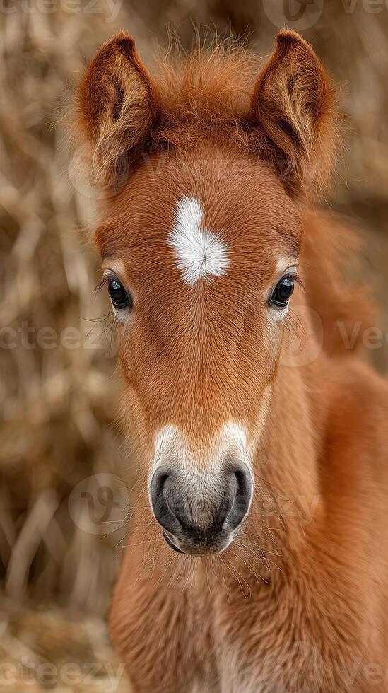 Cute brown foal with a white star marking posing against a backdrop of hay in a barn photo