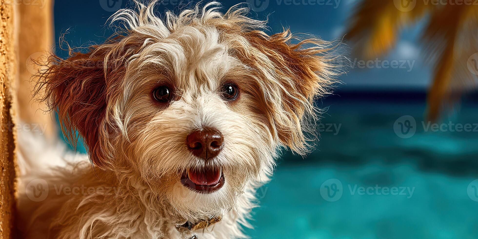Cute fluffy dog enjoys sunny day beside shimmering pool in tropical setting, radiating joy and playfulness photo