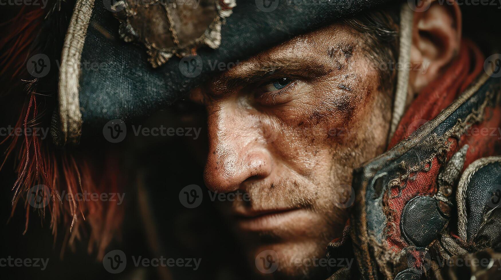 Historical reenactor portraying a soldier in a detailed uniform with facial expressions of determination at an outdoor event photo