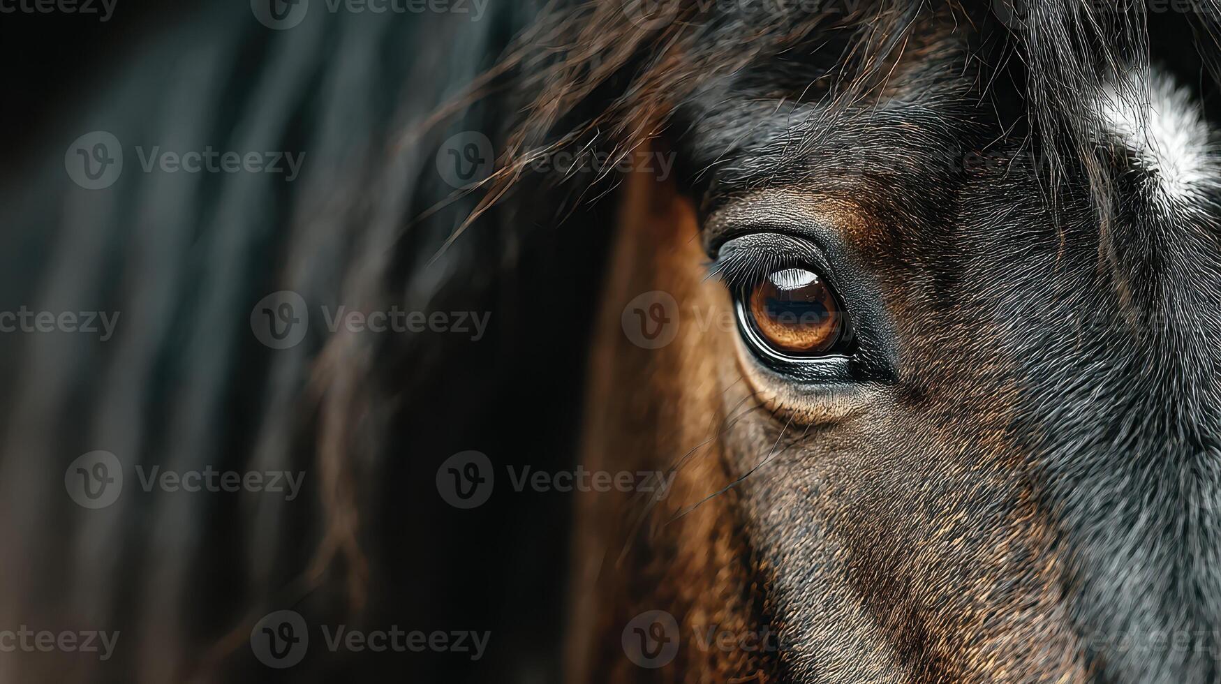 Close-up of a horse's expressive eye showcasing detail and emotion in a serene environment photo