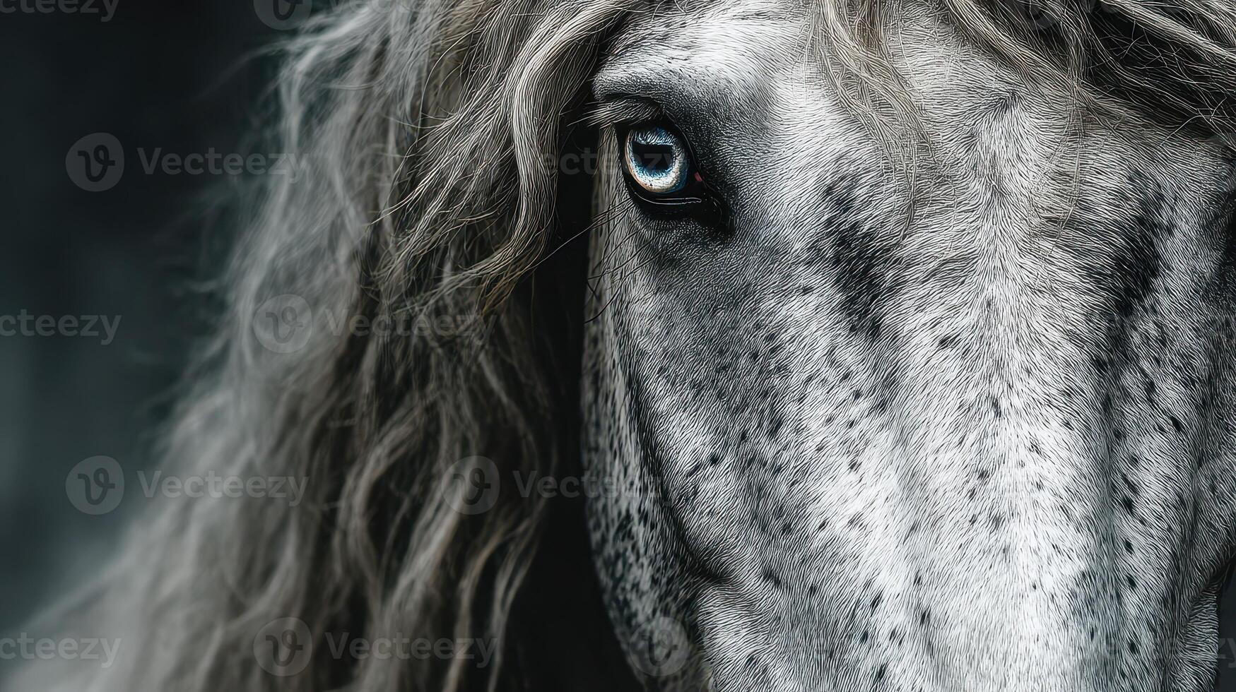 Close-up of a majestic horse with flowing mane staring intensely at the camera in a muted setting photo