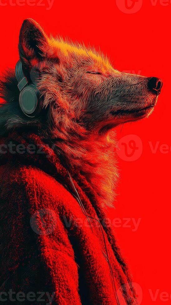 Wild wolf listening to music in a vibrant red background, showcasing a unique combination of nature and modern style photo
