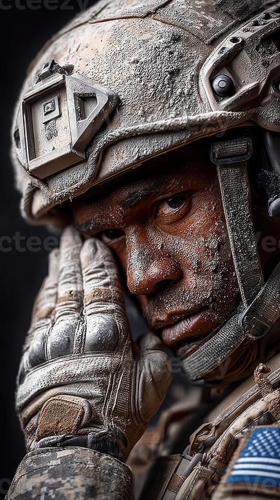 Soldier covered in dust prepares for mission in arid landscape during late afternoon light photo