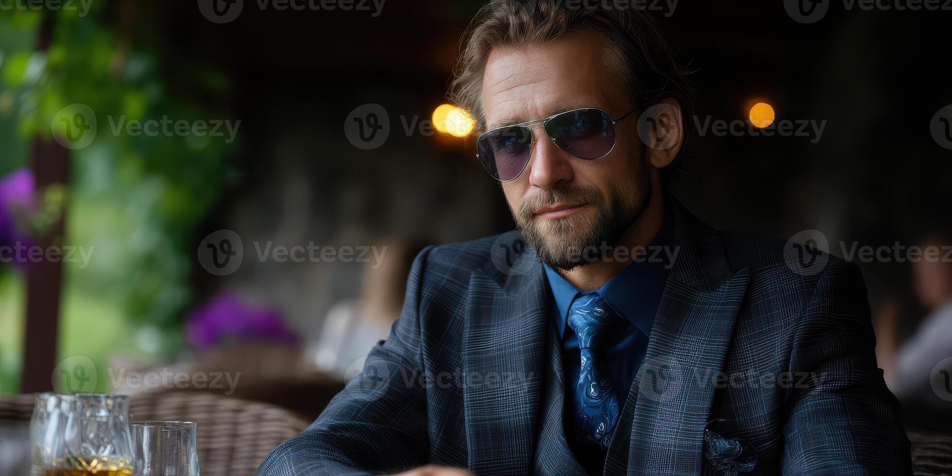 Stylish man enjoys a drink while relaxing at an outdoor cafe during a sunny afternoon in a vibrant setting photo