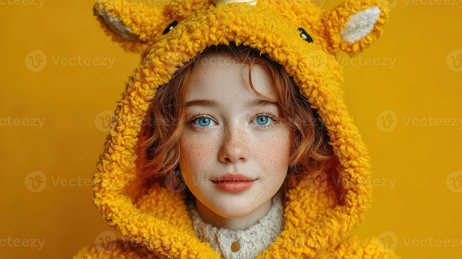 Young girl wearing a fluffy yellow hoodie with animal ears posing against a bright yellow background in a cozy indoor setting photo