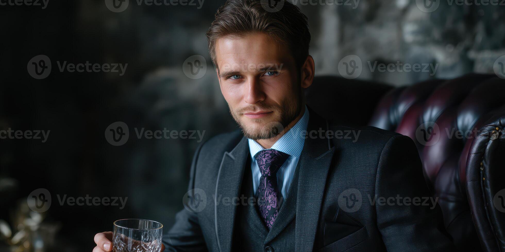 Stylishly dressed man enjoying a drink in a cozy, dimly lit setting with an elegant atmosphere during the evening photo
