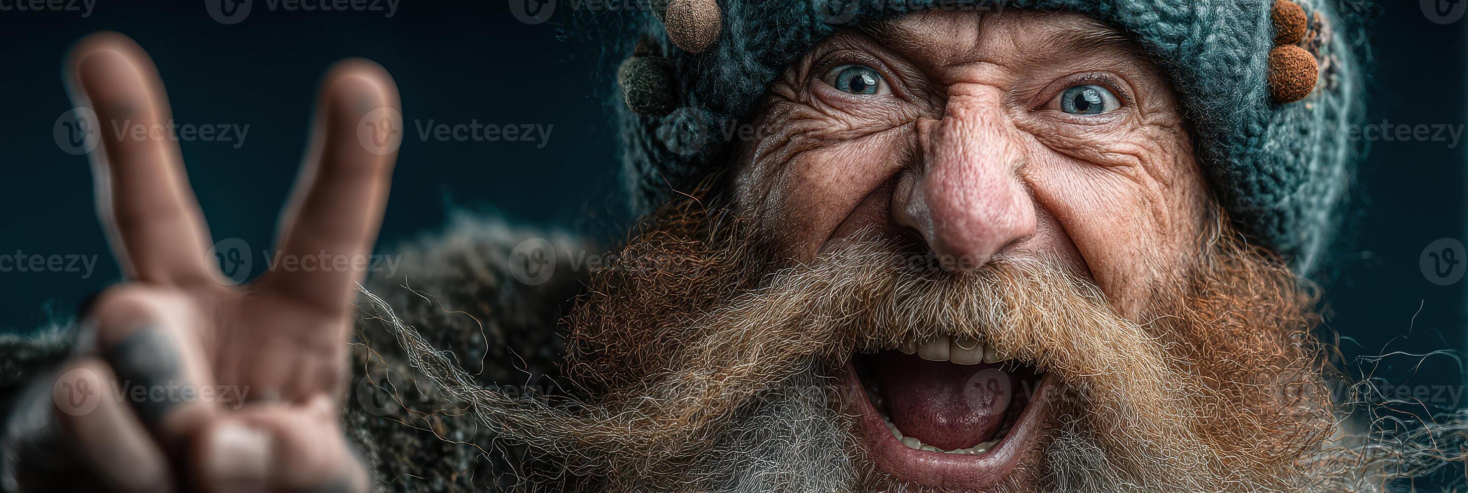 Joyful elderly man showcasing peace sign with a lively expression during a winter gathering photo