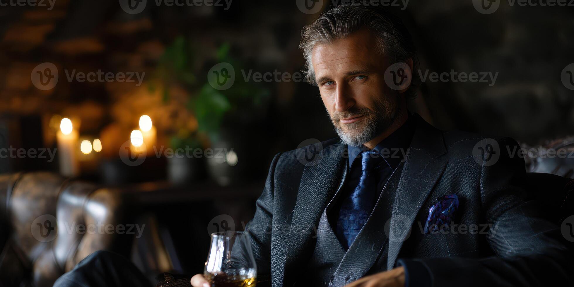Sophisticated man enjoying whiskey in a dimly lit lounge during evening hours photo