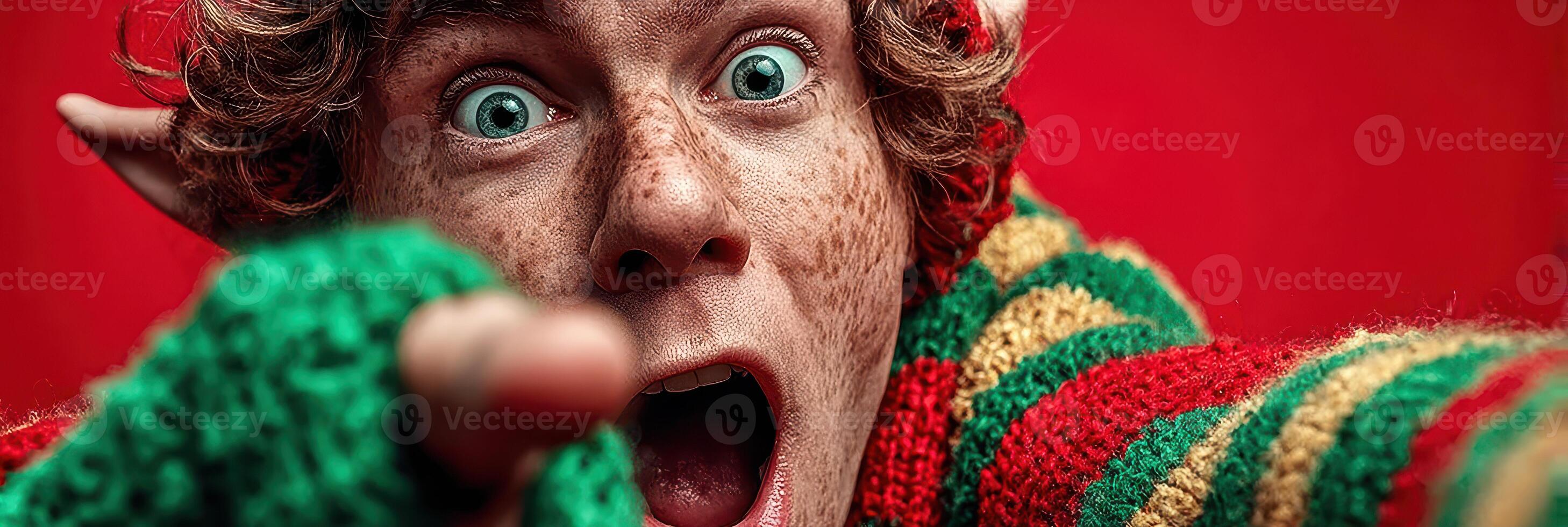 Excited elf pointing at the camera with vibrant colors and expressive facial features during a festive celebration photo