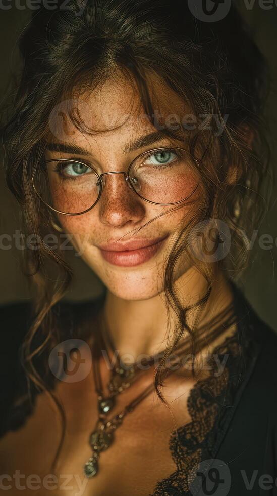 Portrait of a young woman with glasses and curly hair, showcasing her playful smile and unique accessories in a softly lit setting photo