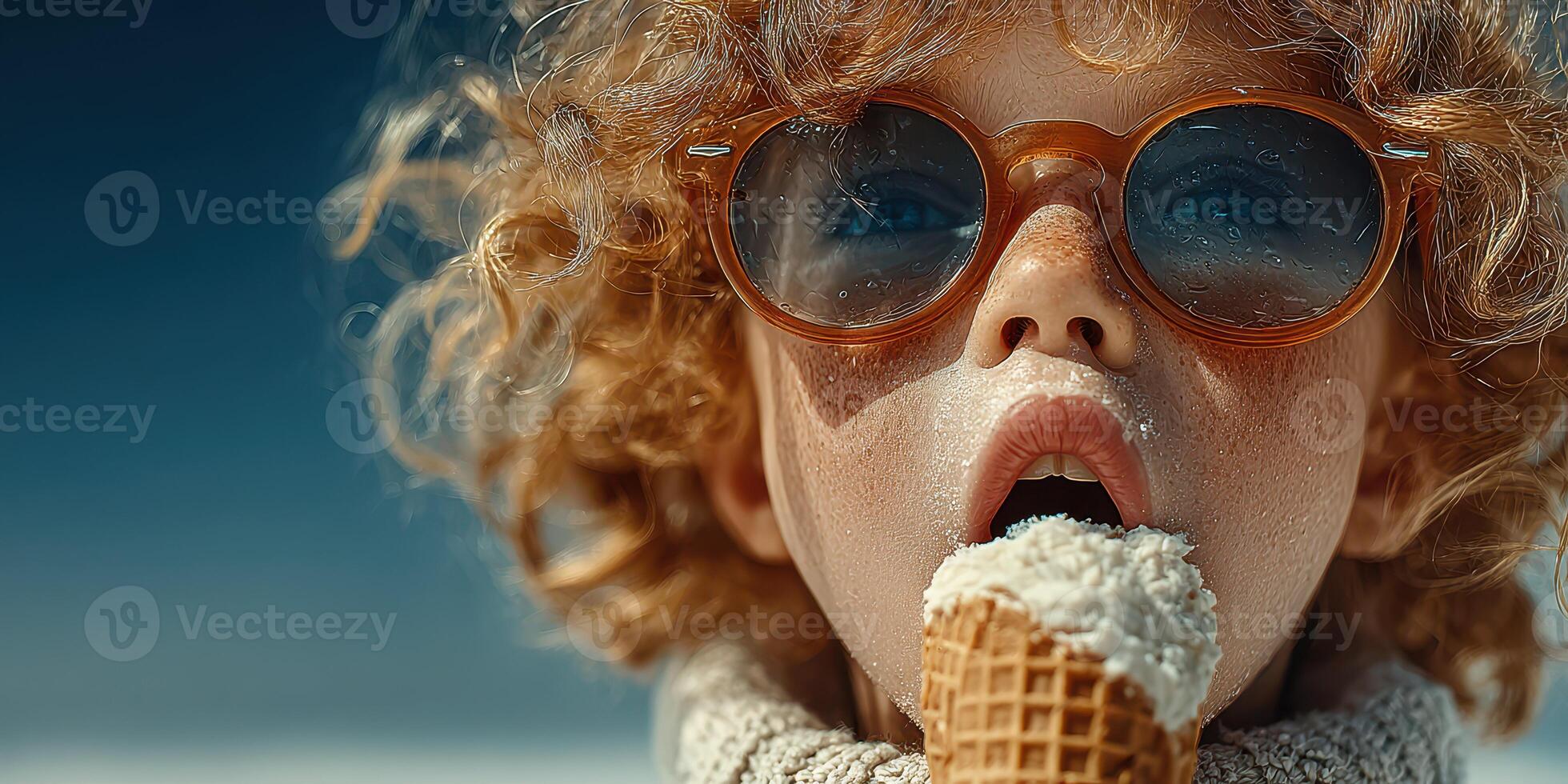 Child with curly hair enjoying ice cream on a sunny day at the beach during summer vacation photo