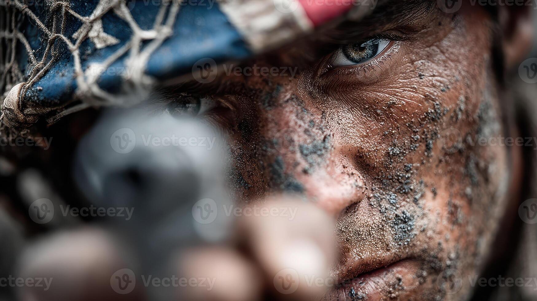 Soldier aiming weapon with a determined expression during military exercise in rough terrain photo