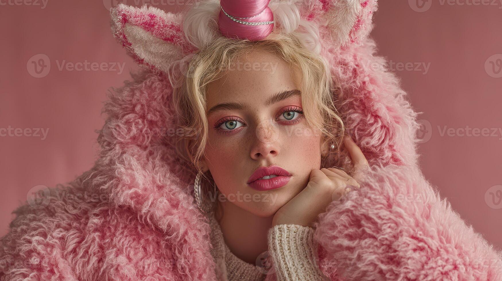 Woman in pink furry coat with unicorn horns poses against a soft pink background during a photoshoot photo