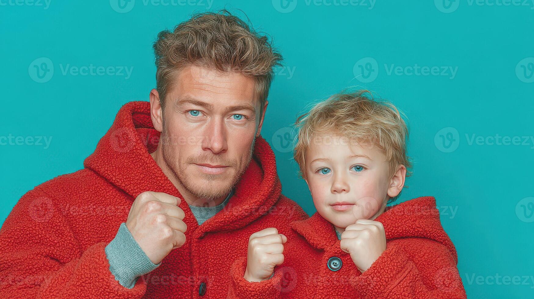 Father and son in matching red coats posing confidently against a vibrant turquoise background photo