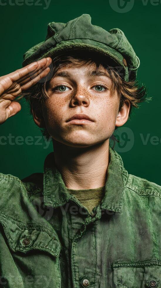 Young boy saluting in military-style green outfit against a solid background during a portrait session photo