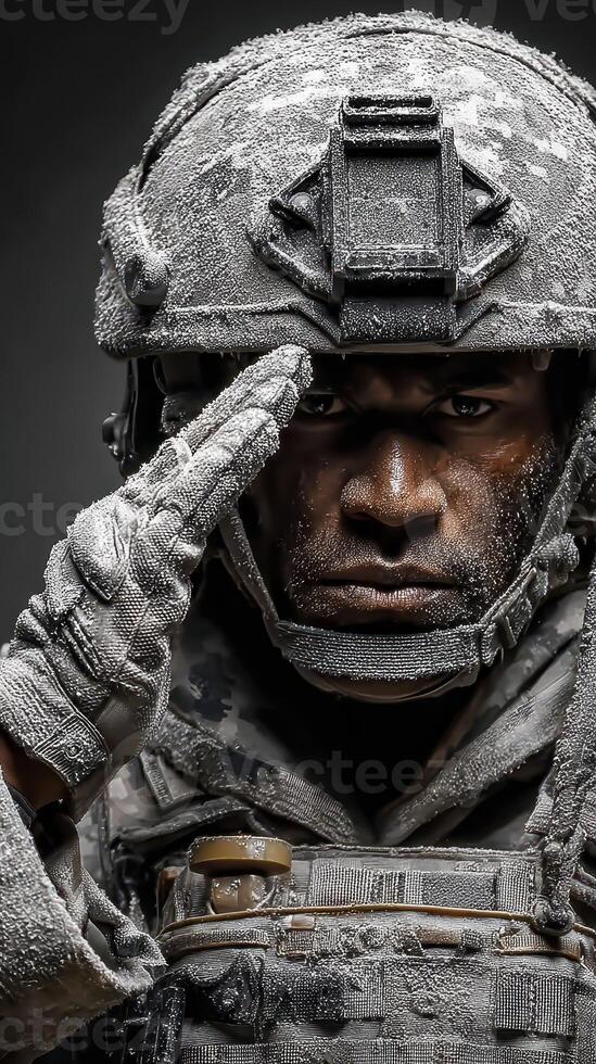 Soldier saluting in winter gear with frost covering helmet and uniform in a dramatic portrait photo