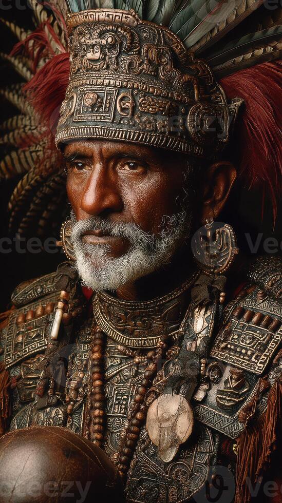 Portrait of an Aztec warrior adorned in traditional garb with intricate accessories, showcasing heritage and culture in an intense expression photo