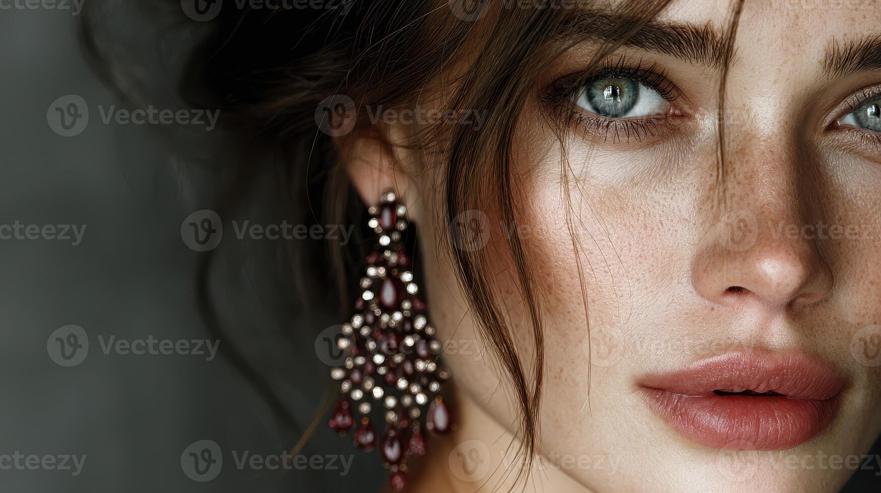 Close-up of a woman with striking features, wearing elegant earrings and displaying natural beauty in soft lighting photo