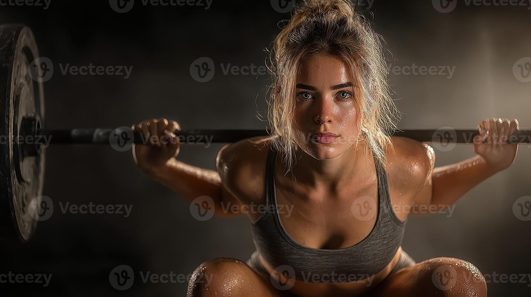 Strong woman performing squats in dimly lit gym with barbell at dusk photo