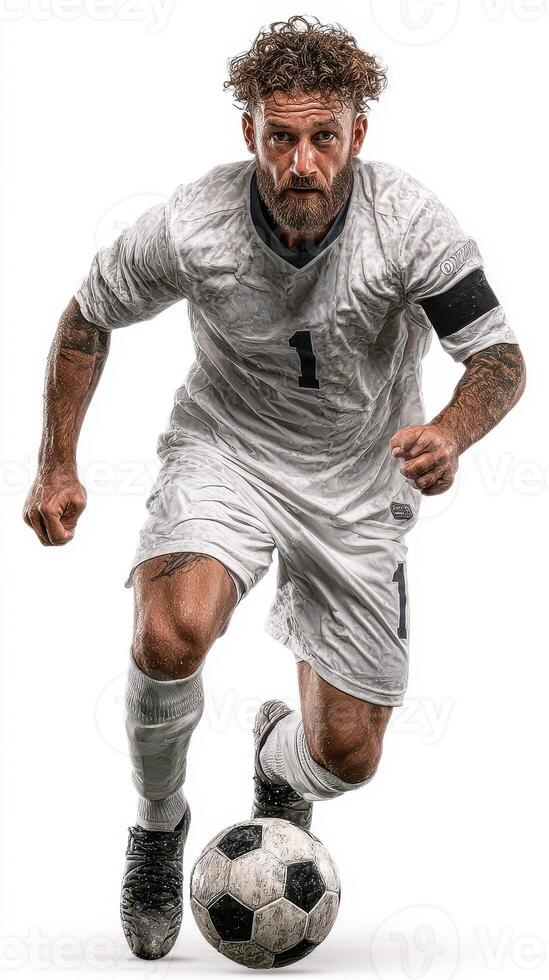 Soccer player sprints with determination during a competitive match at an outdoor stadium in bright daylight photo